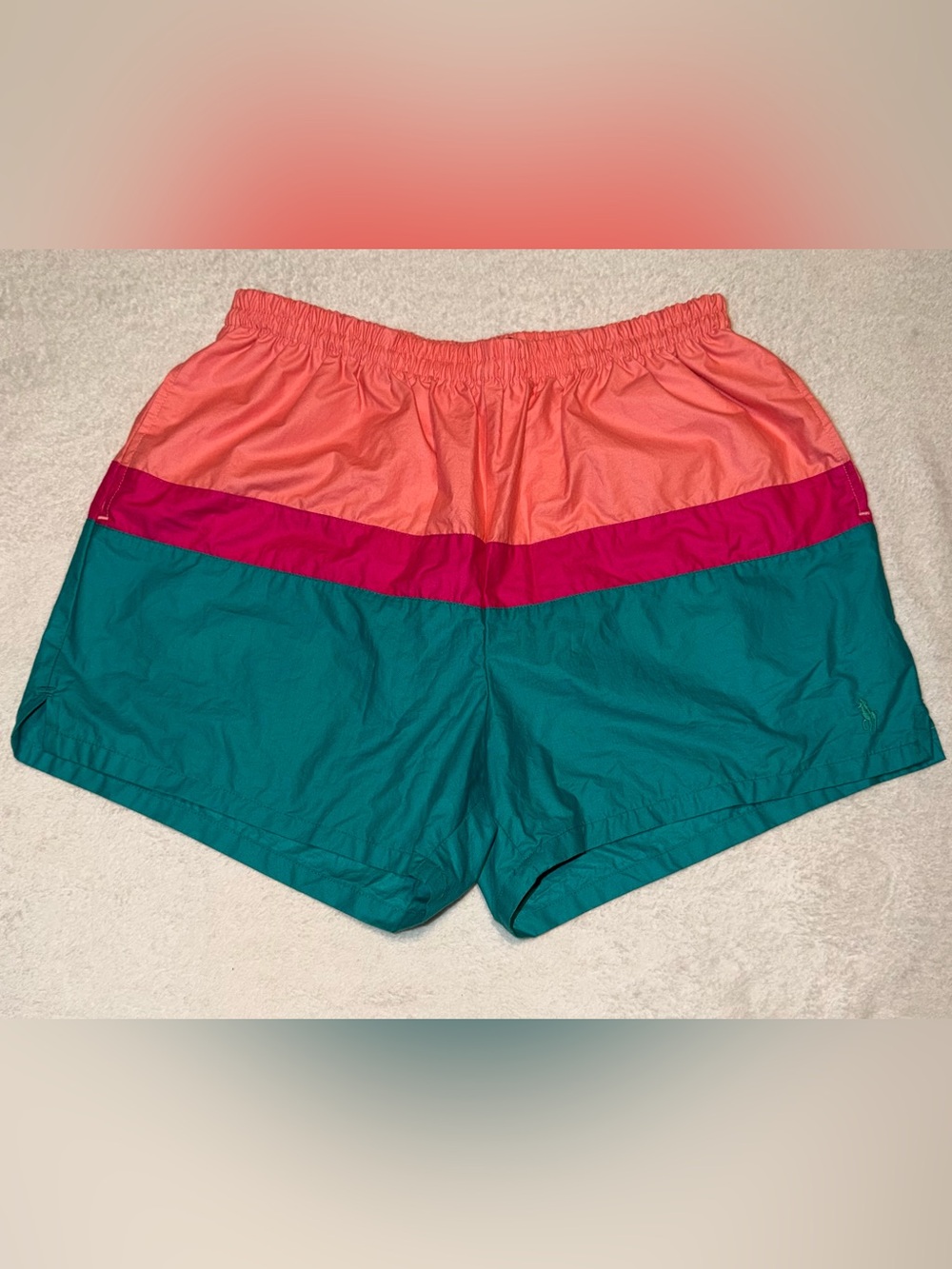 Vintage Polo by Ralph Lauren-Coral, Pink, & Teal Colorblock Swim Shorts Size-M